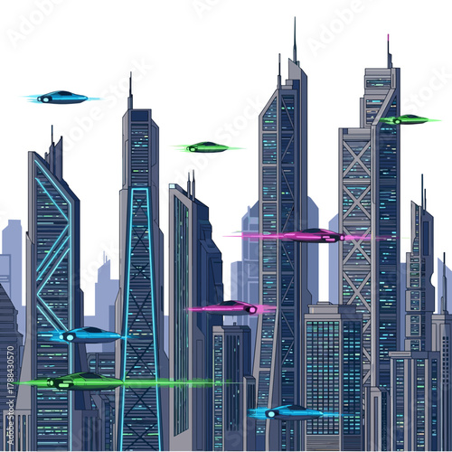 Futuristic city skyline with flying cars and neon lights for CES tech expo  