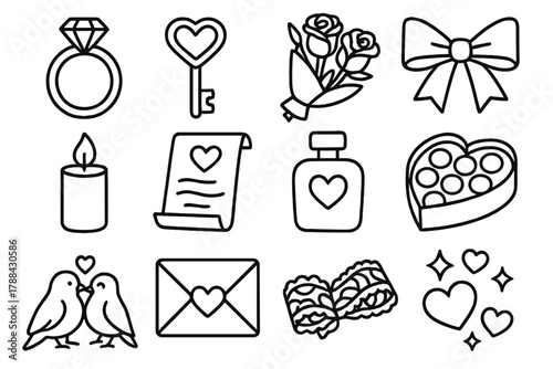 Valentine Icons Collection. Romantic Valentine’s Day linear icon set: engagement ring, heart key, bouquet of roses, ribbon bow, candle flame, handwritten note, perfume bottle, box
