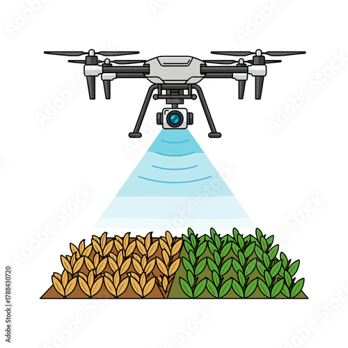 Agricultural drone monitoring crop health in a field of plants  
