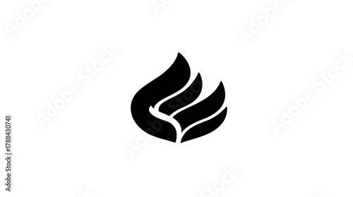 Modern abstract black flame or stylized wing icon graphic design element on clean white background, minimalist vector art.