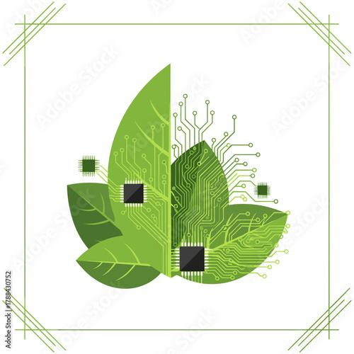 Combination of green leaves and microchips representing sustainable tech concept of CES tech expo  