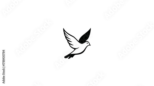 Graceful flying dove illustration in minimalist black and white style. Symbolic vector graphic representing peace, freedom, spirituality, and hope.