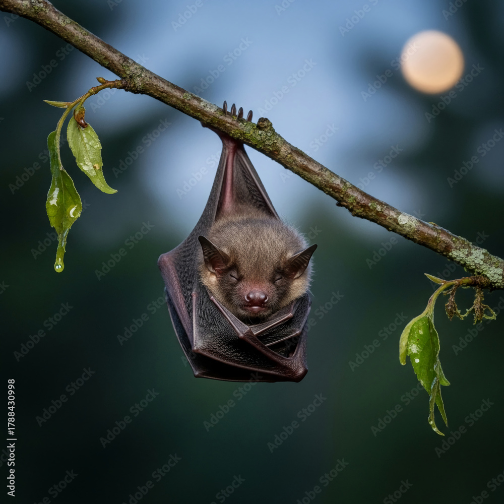 Obraz premium Image of a sleeping bat hanging upside down on a branch with leaves, under a blurry moon. It represents wildlife and nocturnal animal rest