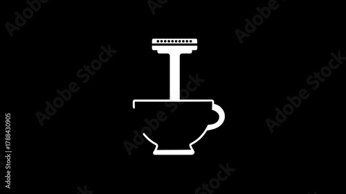 Minimalist white coffee brewing icon on black background. Stylized graphic symbol for espresso preparation or coffee machine.