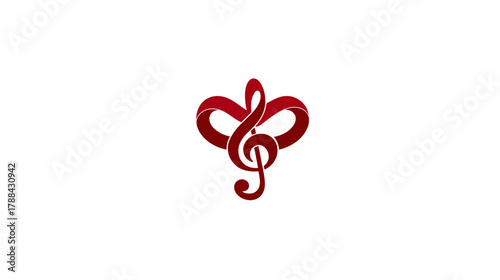 Elegant red treble clef icon with stylized heart design on white background. Modern musical symbol of love, melody, and passion.