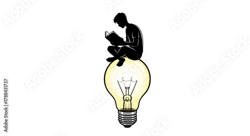 Man Reading Book Sitting On Light Bulb Creative Idea Knowledge Learning Education Solution Thinking Concept