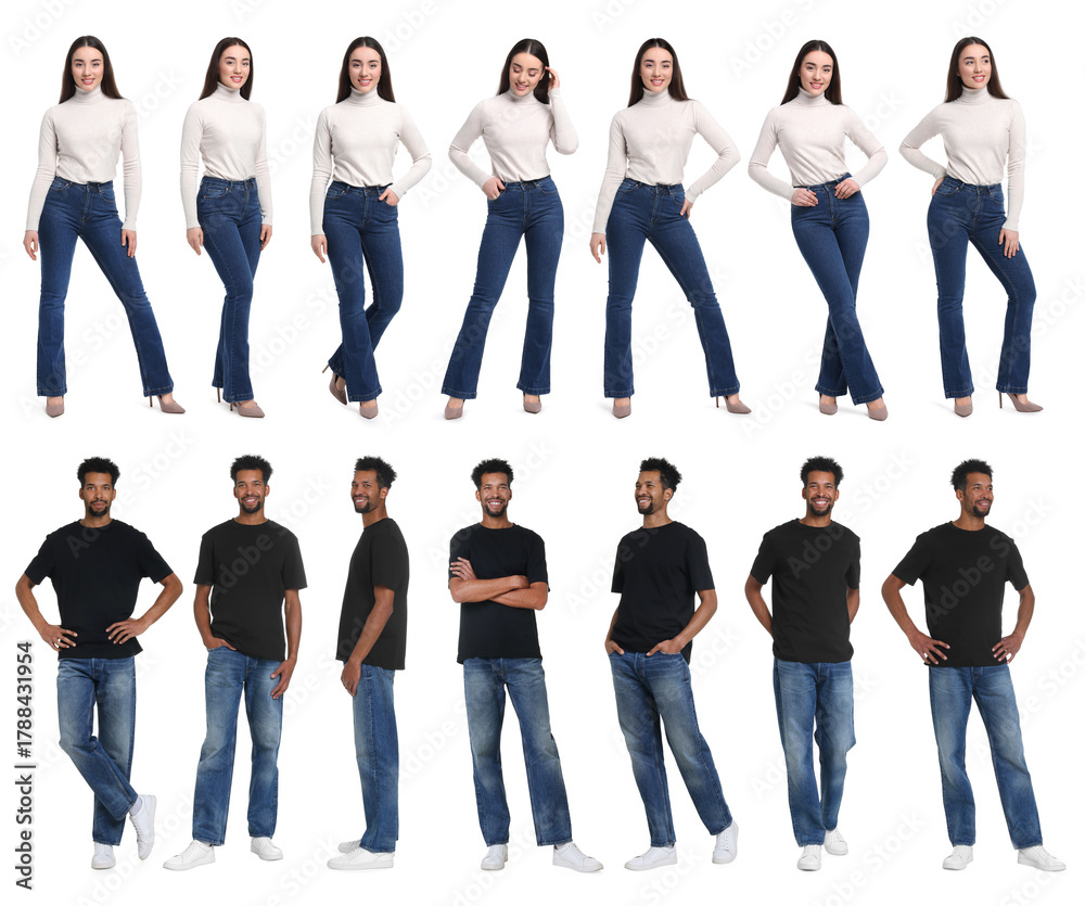 Obraz premium Woman and man wearing jeans on white background. Set of portraits