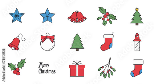 Christmas icons including stars bells holly tree stocking gift and ornament on white background