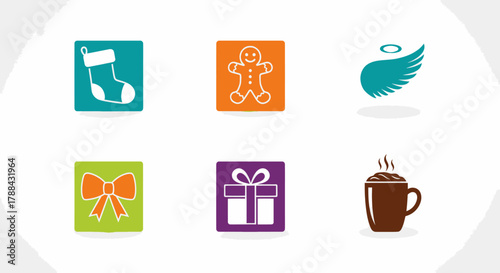 Christmas icons including stocking gingerbread man angel wing bow gift box and steaming coffee cup