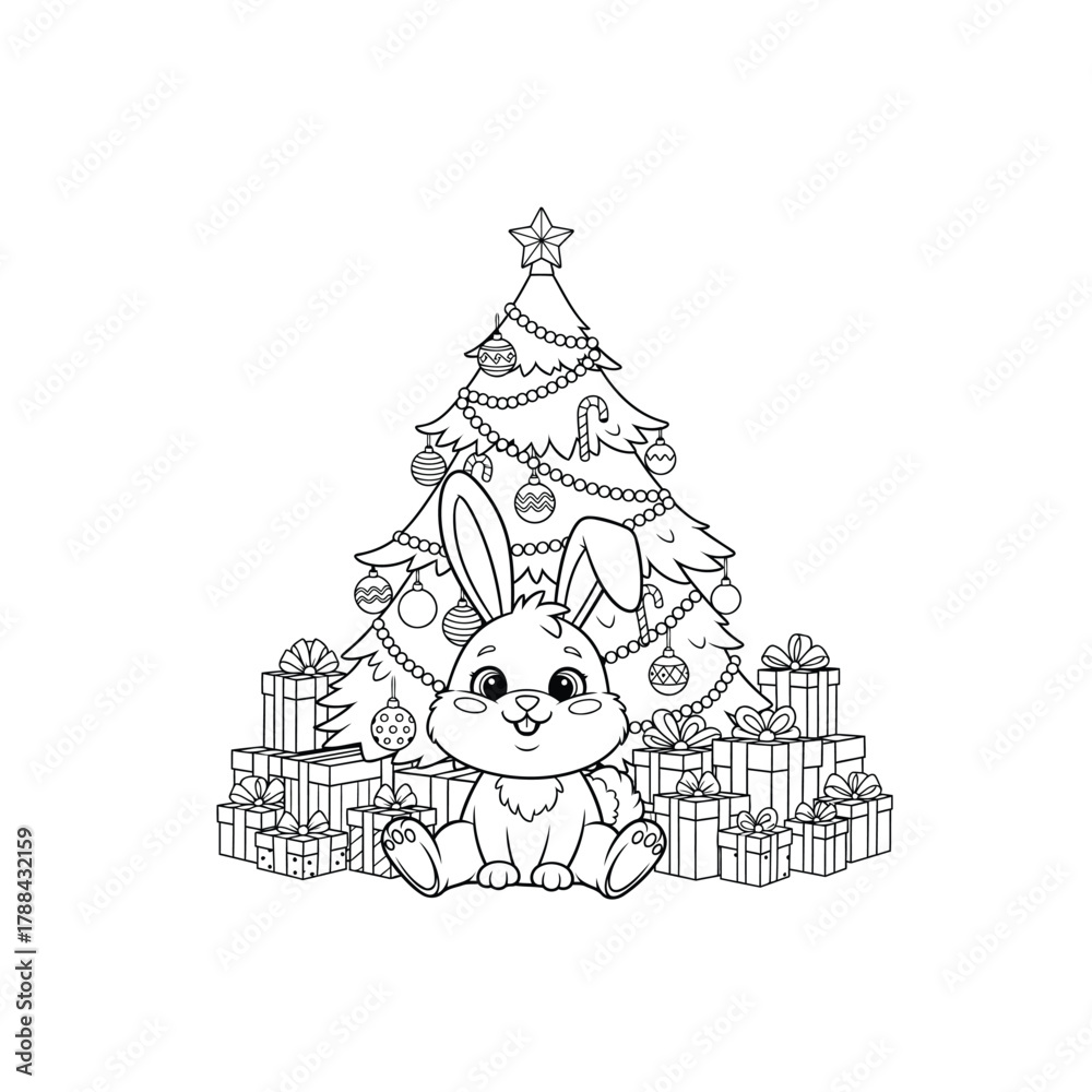 Fototapeta premium Joyful Cartoon Bunny Celebrating Christmas with Decorated Tree and Presents Coloring Page
