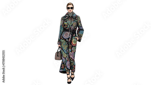 Modern Couture Walk — Continuous Black Line and Colorful Realistic Art of Model on Fashion Runway, Minimal White Background