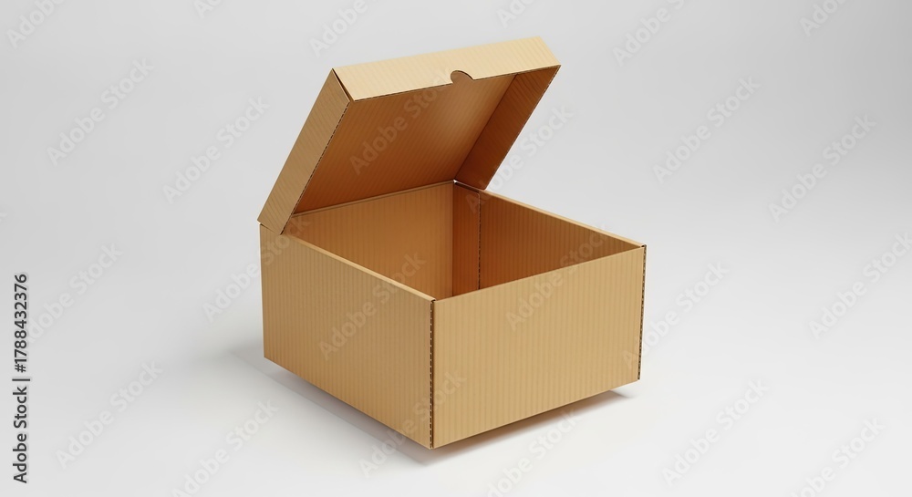 Fototapeta premium Open Cardboard Box, Brown Container, Empty Carton Package, Corrugated Box on White
