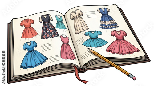 Fashion Design Sketchbook — Black Outline Colorful Art of Open Book with Dress Sketches and Pencil on White Background