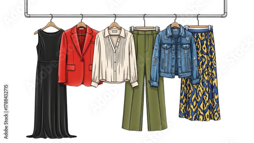 Stylish Garments Hanging on Rack — Black Outline Colorful Realistic Art, Minimal Chic Boutique Concept