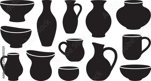 Ceramic Pottery and Clay Vessels Silhouette Vector Set: Vase, Bowl, Jug, and Mug Shapes Collection