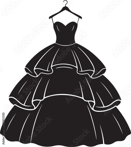 Black silhouette of a strapless tiered gown on a hanger dress clothing
