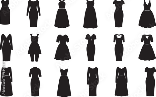 Collection of black silhouette icons of various women's dresses on white background