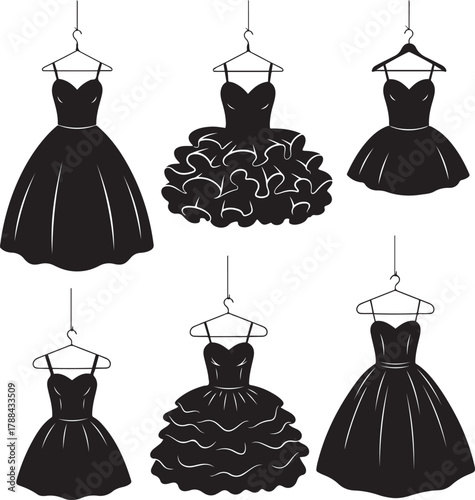 Set of black and white illustrations of elegant dresses on hangers fashion