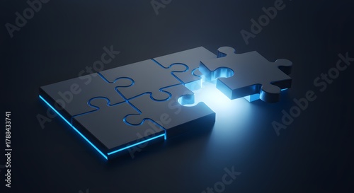 Dark 3D rendered puzzle pieces solving connection problem with glowing blue light on a black background, symbolizing solution, strategy, and teamwork.