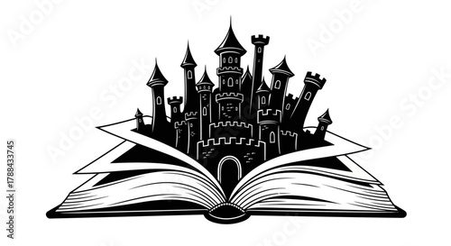 Fantasy castle emerging from open book pages, conceptual illustration of storytelling and imagination, black and white silhouette design