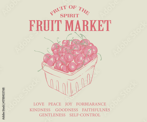 Cherry bowl drawing. Cherry fruit print. Organic food artwork for for t-shirt