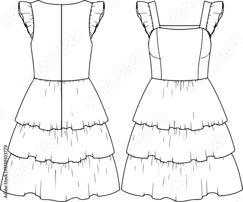Technical drawing of a ruffled tiered dress front and back view fashion illustration