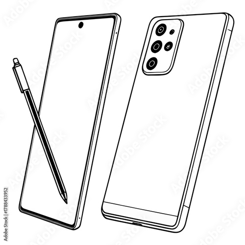 Smartphone device mockup vector with stylus pen and camera array for product presentation and design showcase