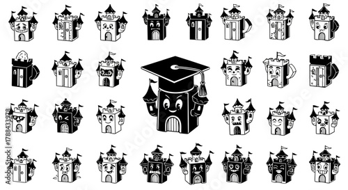 Cartoon castle characters set. Fantasy fortress with various expressions. Medieval building mascots. Architectural structure with face features.