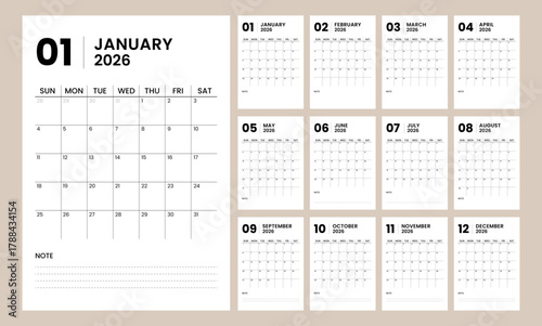 Monthly calendar template for 2026. Printable 2026 calendar with portrait format and minimalist style. Week Starts on Sunday.