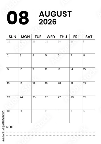 Printable Monthly Calendar Template for August 2026. Minimalist Style Calendar in Portrait Format. Week Starts on Sunday. Calendar Planner for 2026 year.