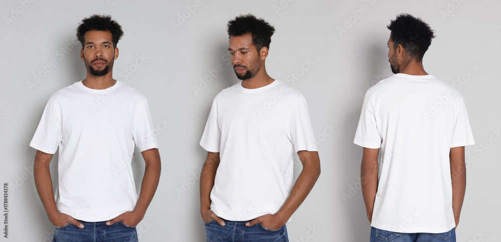 Obraz premium African-American man in white t-shirt against light background, collage