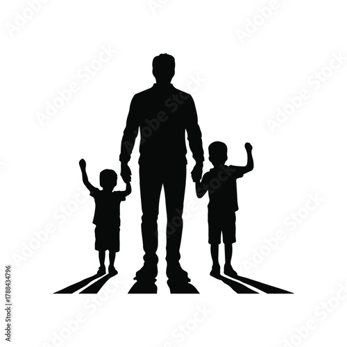 Father and two sons holding hands with raised arms