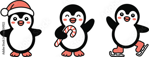 Cute Cartoon Christmas Penguin Vector Set: Santa Hat, Candy Cane, and Ice Skating Winter Characters