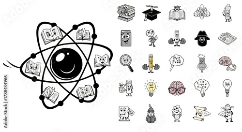 Science education atom diagram concept with books learning discovery illustration knowledge pursuit research intellectual development icons