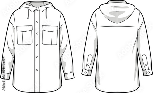 Hooded shirt jacket, button front, fashion sketch, chest pockets, garment design, technical drawing, outerwear style, flat sketch, flat vector illustration