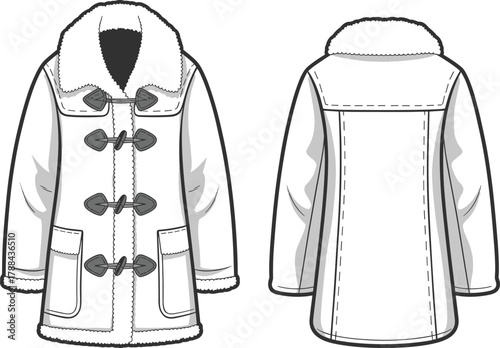 Duffle coat sketch, front and back view, toggle closure, shearling collar, patch pockets, fashion flat, garment design, winter outerwear