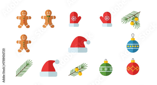 gingerbread men mittens santa hat pine branch ornament holiday decoration christmas icon set flat design white background festive symbols
