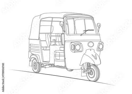 CNG line art, detailed black and white line art illustration of an auto rickshaw,
also known as a CNG or tuk tuk. Perfect for transport design, city illustration,
coloring books, vector art,