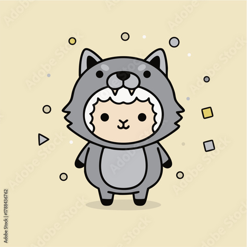 Minimalist Line Art Cute Sheep in Wolf Costume Kawaii Mascot Vector