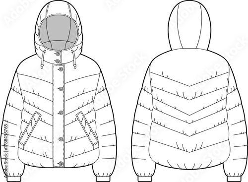 Puffer jacket technical sketch, winter coat fashion design, quilted outerwear front and back view, hooded garment, flat vector illustration