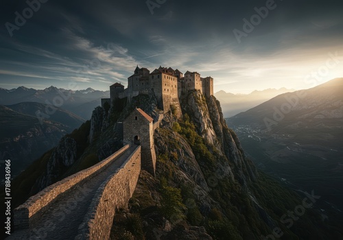 A massive medieval stone fortress standing high on a rugged mountain ridge, symbolizing strength, endurance, and impenetrable defense ,castle ,exterior ,cliff