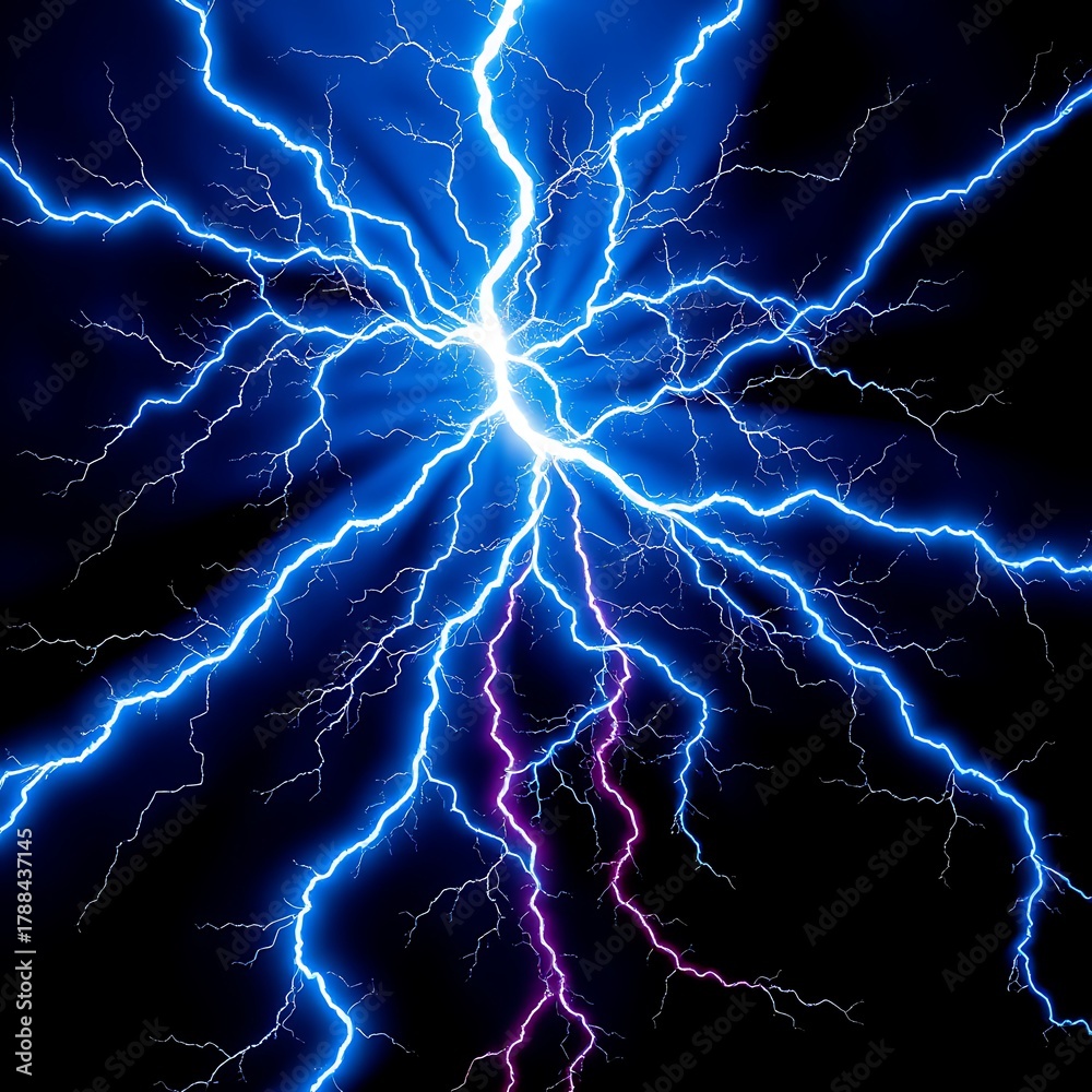 Obraz premium Png Blue Electric Lightning Fractal PNG Overlay on transparent background