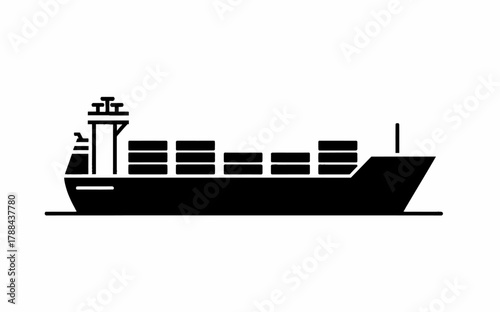 Black silhouette of a container ship on a white background depicting global trade and international shipping services