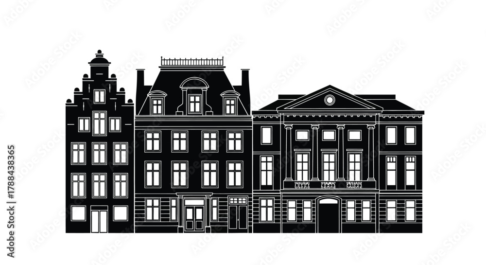 Obraz premium Black and white vector illustration of european architecture editable vector