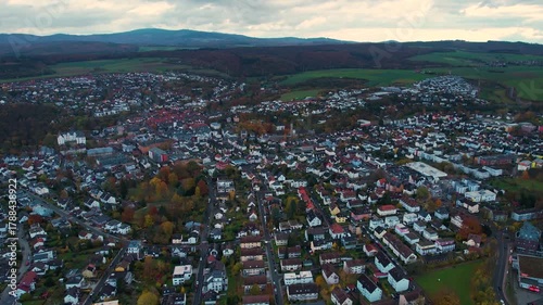 Aerial panorama view of the old town around the city Idstein in Germany on a cloudy noon in fall	