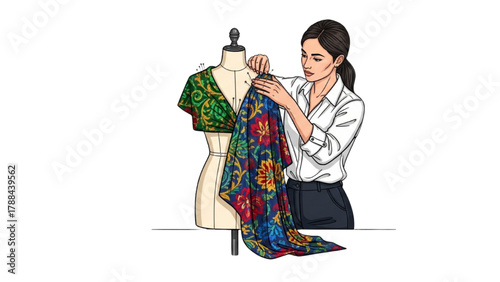 Fashion Designer Adjusting Fabric on Dress Form — Black Outline Colorful Realistic Art on White Background
