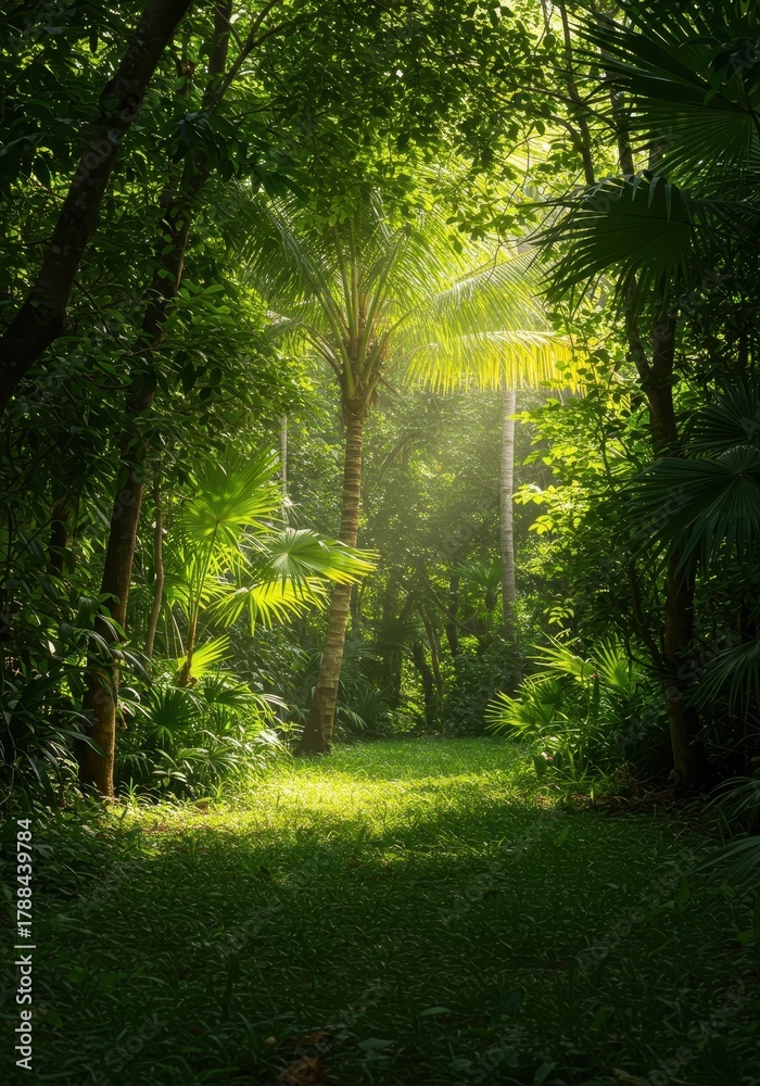 Fototapeta premium Lush, sun-drenched tropical jungle landscape during the hot season, showing vibrant green foliage and bright colors ,bright ,season ,jungle