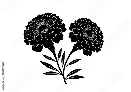 Black silhouette of two marigold flowers with leaves