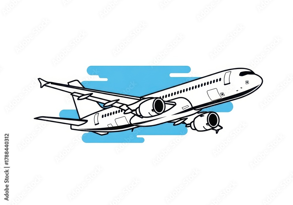 Fototapeta premium Line art illustration of a modern passenger airplane flying through blue abstract clouds