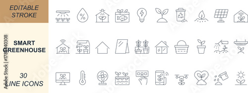 
Smart greenhouse line icons of plant, seed, irrigation, sensor, hydroponic, crop, solar, and eco farming. Perfect for apps, web, UI, agriculture, and green projects. Editable for easy customization.
